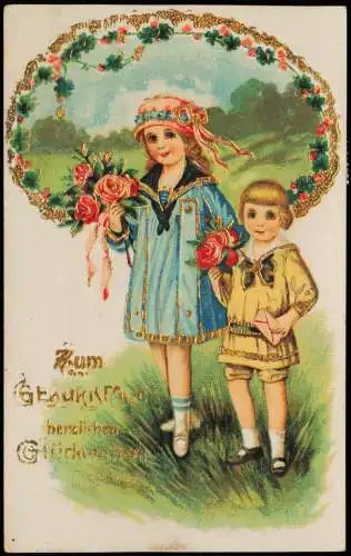 Geburtstag Birthday Junge und Mädchen mit Rosenstrauß 1927 Gold