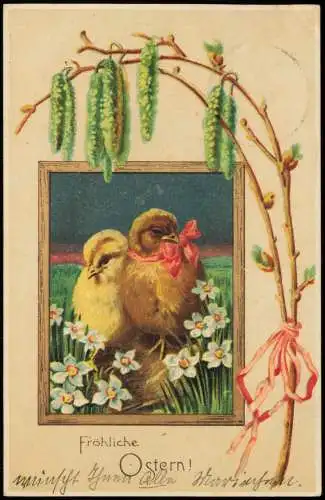 Ansichtskarte  Ostern Easter Zweige Küken mit Schleife 1909