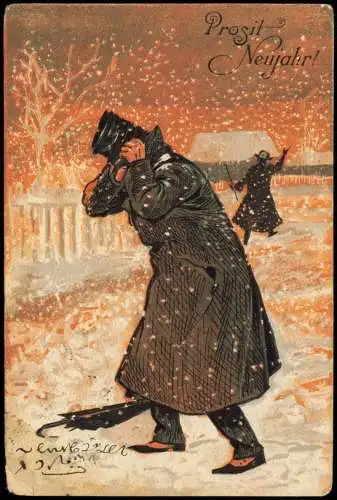 Neujahr Sylvester New Year Künstlerkarte Mann im Wintersturm 1907 Prägekarte