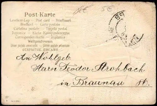 Neujahr Sylvester New Year Künstlerkarte Mann im Wintersturm 1907 Prägekarte