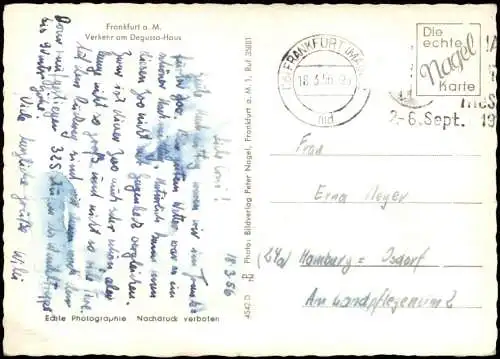 Frankfurt am Main Verkehr am Degussa-Haus, Tram, Hochhaus, Autos 1956