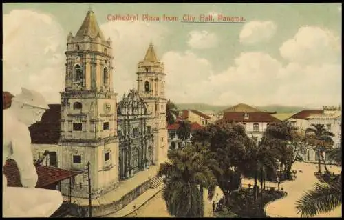 Postcard Panama City Cathedral Plaza from City Hall 1913