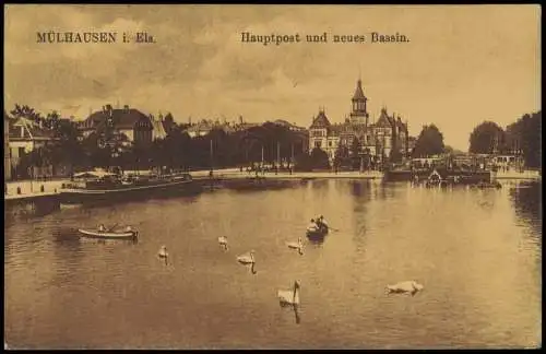 CPA Mülhausen Mulhouse Hauptpost und neues Bassin. 1918