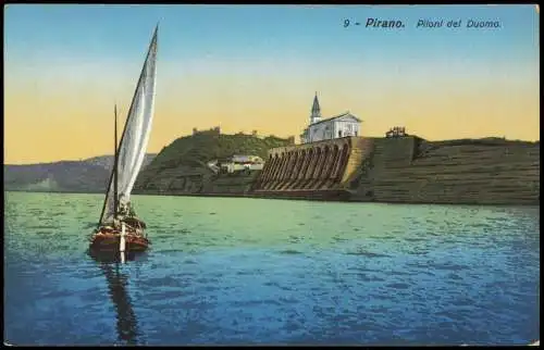 Piran Pirano Panorama-Ansicht Piran Piloni del Duomo, Segelschiff 1914