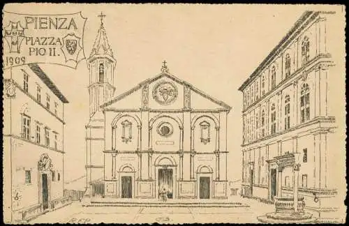 Cartolina Pienza Ortsansicht, Piazza Pio II. (Künstlerkarte) 1909