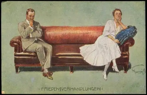 Ansichtskarte  Scherzkarte Mann u. Frau auf Sofa Friedensverhandlungen 1918