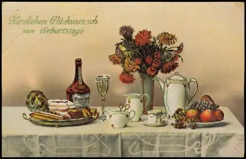 Ansichtskarte  Geburtstag Birthday gedeckter Kaffeetisch 1912 Prägekarte