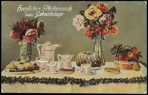 Geburtstag Birthday Kaffetisch Kuchen Blumen 1911 Silberprägung