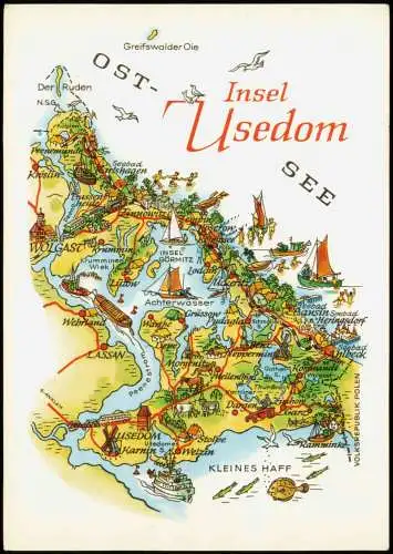 Usedom Insel Usedom Ostsee Region DDR Landkarte Wanderkarte 1986