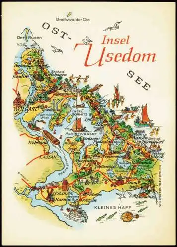 Usedom Insel UsedomDDR Landkarte Wanderkarte Zeichnung A. Hoppe 1982