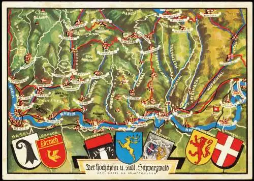 Baden-Württemberg Land-/Übersichtskarte Hochrhein  südlicher Schwarzwald 1952