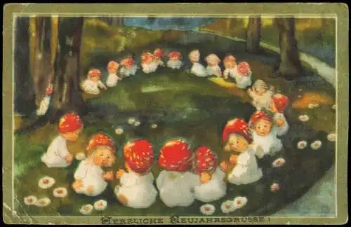 Ansichtskarte  Neujahr Sylvester New Year Kinder als Fliegenpilze 1925