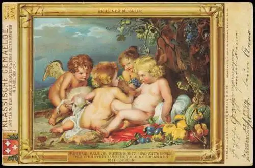 Künstlerkarte: Gemälde Rubens Engel Christkind Galerie Berlin 1899