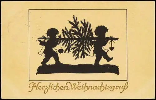 Schattenschnitt Weihnachten Christmas Engel tragen Tannenbaum 1930