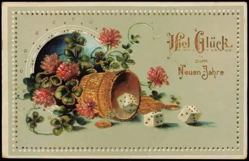 Neujahr Sylvester New Year Glücksklee Goldbecher Würfel 1911 Gold