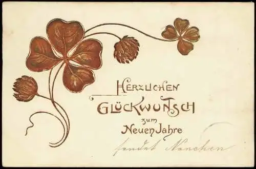 Neujahr Sylvester New Year Glücksklee Shamerock Jugenstil ArtNouveau 1904 Präge