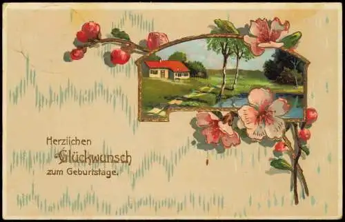 Ansichtskarte  Geburtstag Birthday Gold Dorfidyll Blüten 1911 Gold