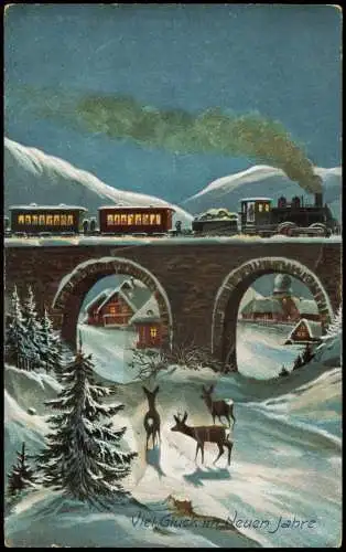 Neujahr Sylvester New Year Rehe vor Dampflokomotive Winternacht 1912