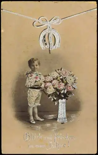 Neujahr Sylvester New Year Hufeisen Junge vor Rosen 1915 Silberprägung