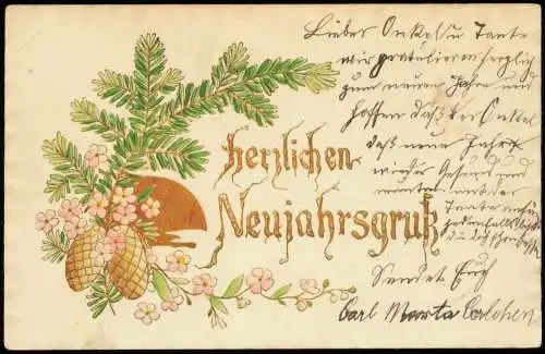 Ansichtskarte  Neujahr Sylvester New Year Goldprägung Tannenzapfen 1904