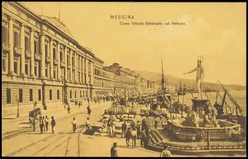 Cartolina Messina Corso Vittorio Emanuele col Nettuno 1907