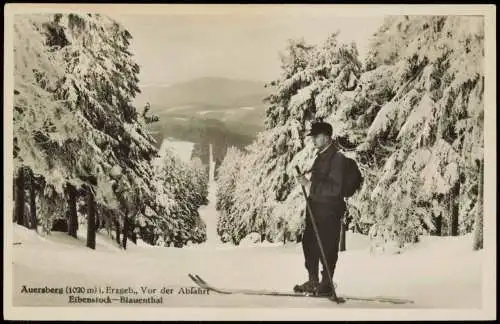 Auersberg Erzgebirge Ski-Fahrer Umland am Unterkunftshaus Auersberg 1920