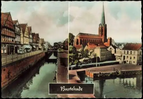 Buxtehude Statteilansichten 2-Bild-Karte, Kirche Geschäfte VW Käfer 1960