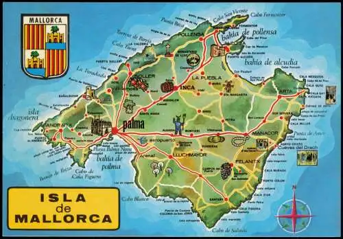 Postale Mallorca Isla de Mallorca (Landkarte, Map, Umgebungskarte) 1975