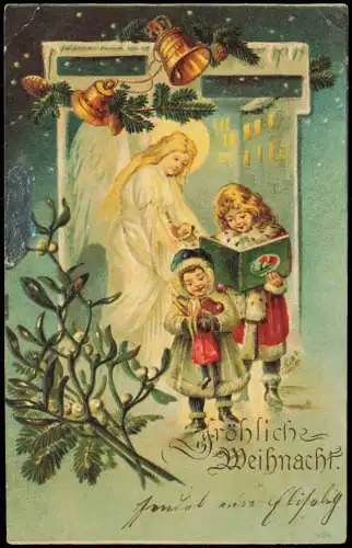 Weihnachten Christmas Engel u. Kinder 1905 Prägekarte Senftenberg n. Grube Ilse