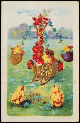 Ostern Easter Küken und Gold Ostereier Künstlerkarte 1914 Gold