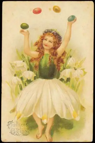 Ostern Easter Mädchen jongliert mit Ostereiern 1911 Prägekarte