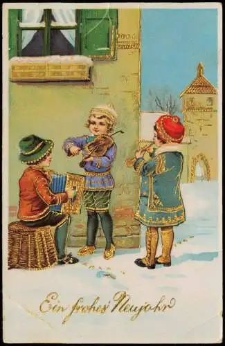 Neujahr Sylvester New Year musizierende Kinder GOLD 1928 Prägekarte