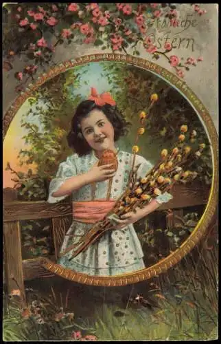 Ostern Easter Mädchen mit Weidenkätzchen und GOLD Ei 1912 Prägekarte