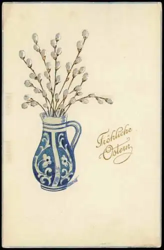 Ostern Easter Weidenkätzchen in Blau- u. weißer Vase 1911 Prägekarte