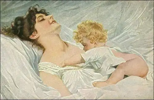 Wach auf Mama - Kind will an Brust der Mama, Nachthemd Künstlerkarte 1911