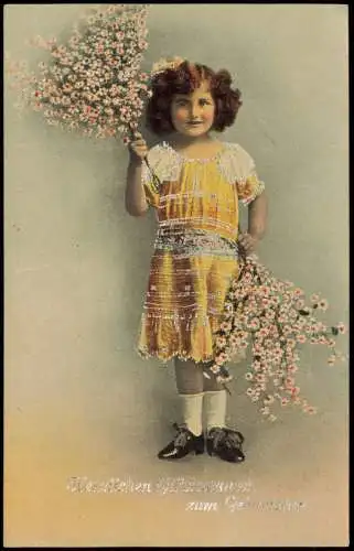 Geburtstag Birthday Mädchen mit Blüten Zweigen 1912 Silberprägung