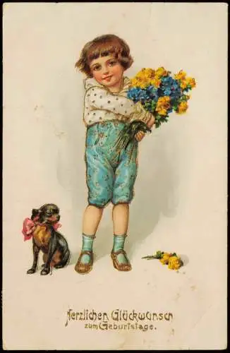 Ansichtskarte  Geburtstag Birthday Junge mit Blumenstrauss und Hund 1924 Gold