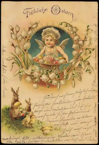 Ansichtskarte  Ostern Easter Engel mit Ostereiern Osterhasen Gold 1903 Gold