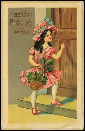 Geburtstag Birthday Mädchen mit Kleeblätten Shamerock Goldprägekarte 1910