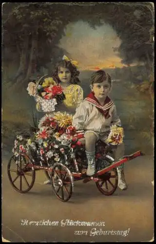 Geburtstag Birthday Junge und Mädchen mit Blumen Karren 1919 Silberprägung