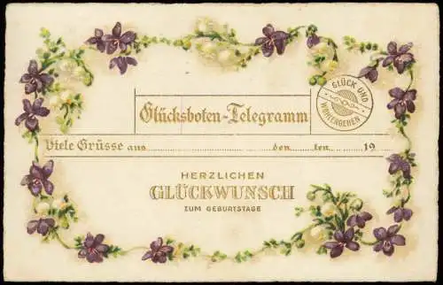 Ansichtskarte  Geburtstag Birthday Glücksboten-Telegramm Veilchen 1930 Gold