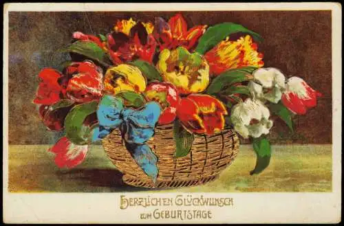 Ansichtskarte  Geburtstag Birthday Goldkorb mit bunten Tulpen 1928 Gold