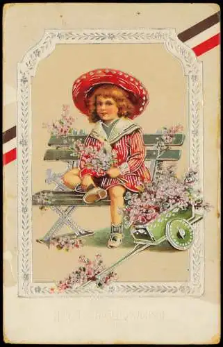 Geburtstag Birthday Patriotika Junge auf Bank 1913 Silberprägung