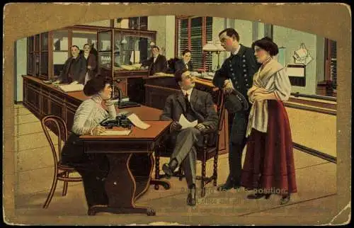 Ansichtskarte  im Office Büro Männer im Anzug Frauen 1912 Gold-Effekt