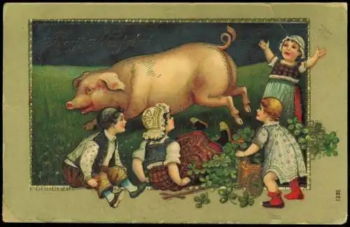 Neujahr Sylvester New Year Glücksschwein Kinder Glücksklee 1910 Gold