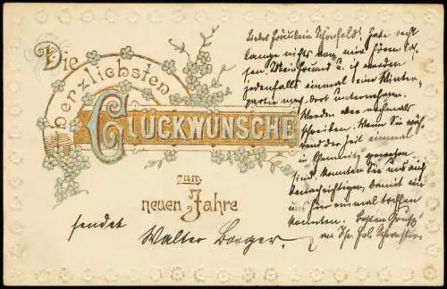 Neujahr Sylvester New Year Glückwunsch Gold und Silber Ornament 1908 Gold