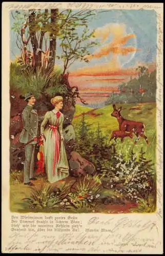Liebe Liebespaare - Love Jäger und Frau am Waldesrand 1908 Silber Luna