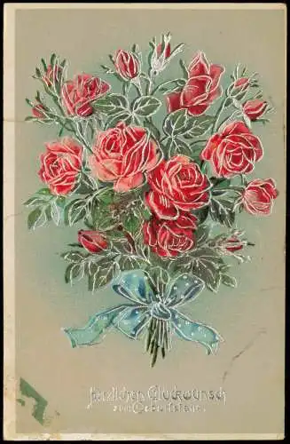 Ansichtskarte  Geburtstag Birthday Rosenstrauss Rose 1918 Silberprägung