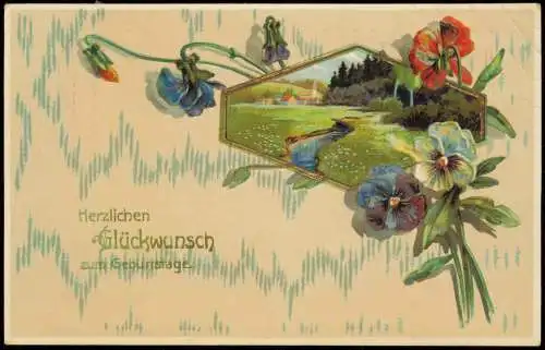 Ansichtskarte  Landschaft Stiefmütterchen Jugendstil Art Nouveau 1911 Gold