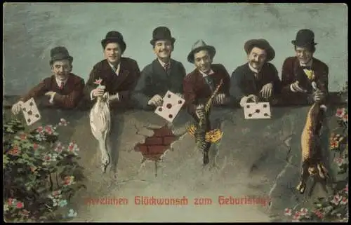 Ansichtskarte  Geburtstag Birthday Männer im Anzug an der Mauer 1912